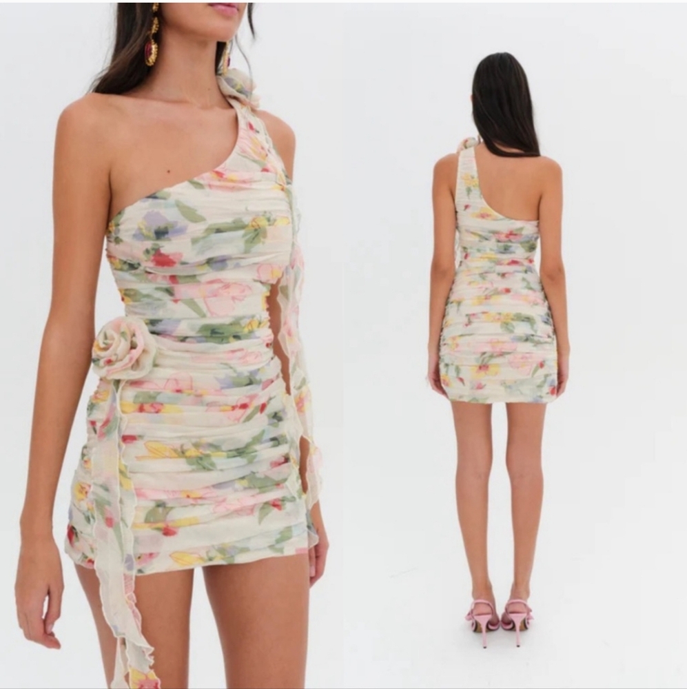 For Love & Lemons One-Shoulder Floral Mini Dress in Pastel Pink and Green